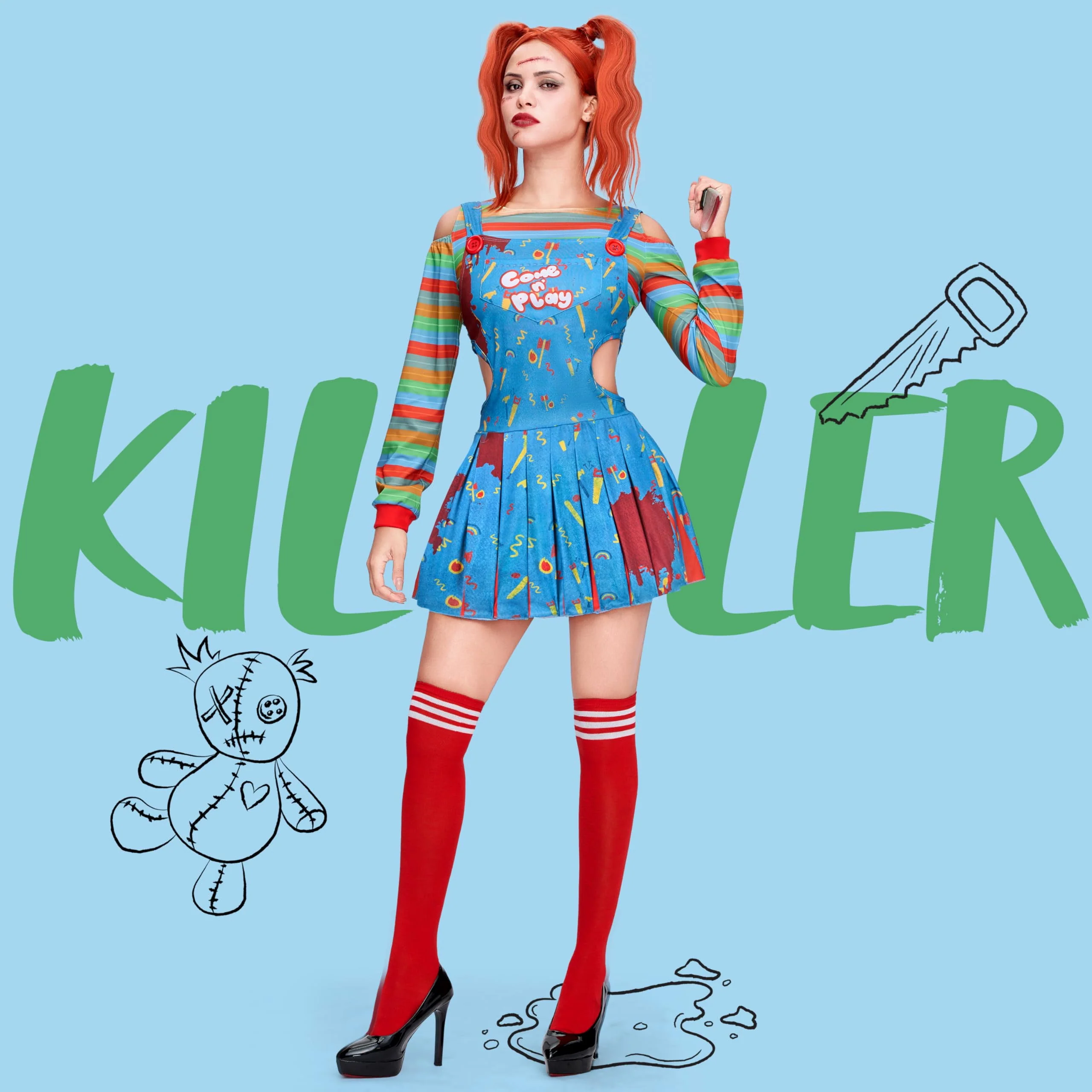 Joyfy Creepy Doll Costume for Women, Family Matching Killer Doll Costume for Halloween Fancy Dress up Cosplay - Image 3