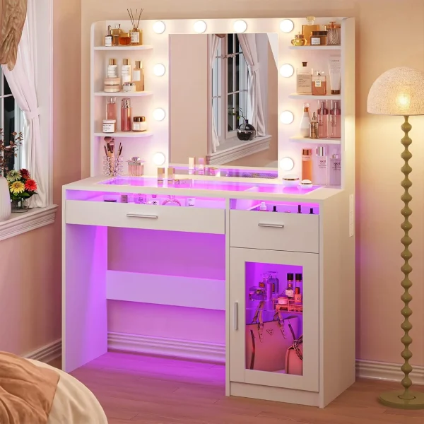 Fixwal Vanity Desk with Mirror and Lights, Makeup Vanity Table with RGB Drawers, 3-Color LED Lighting, Tempered Glass Top, 6 Shelves, Power Outlet, 35.4"W x 15.7"L x 55.1"H